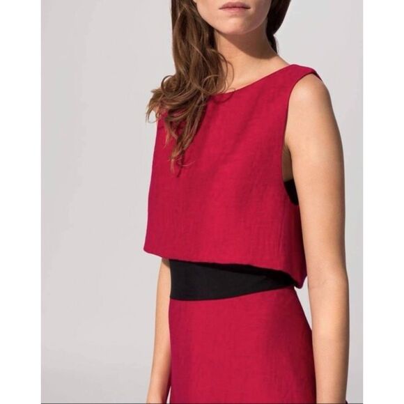 EUC Maje Rituel Sheer‎ Midriff Stretch-crepe Dress Cerise Mesh Size L Cocktail - Picture 2 of 14